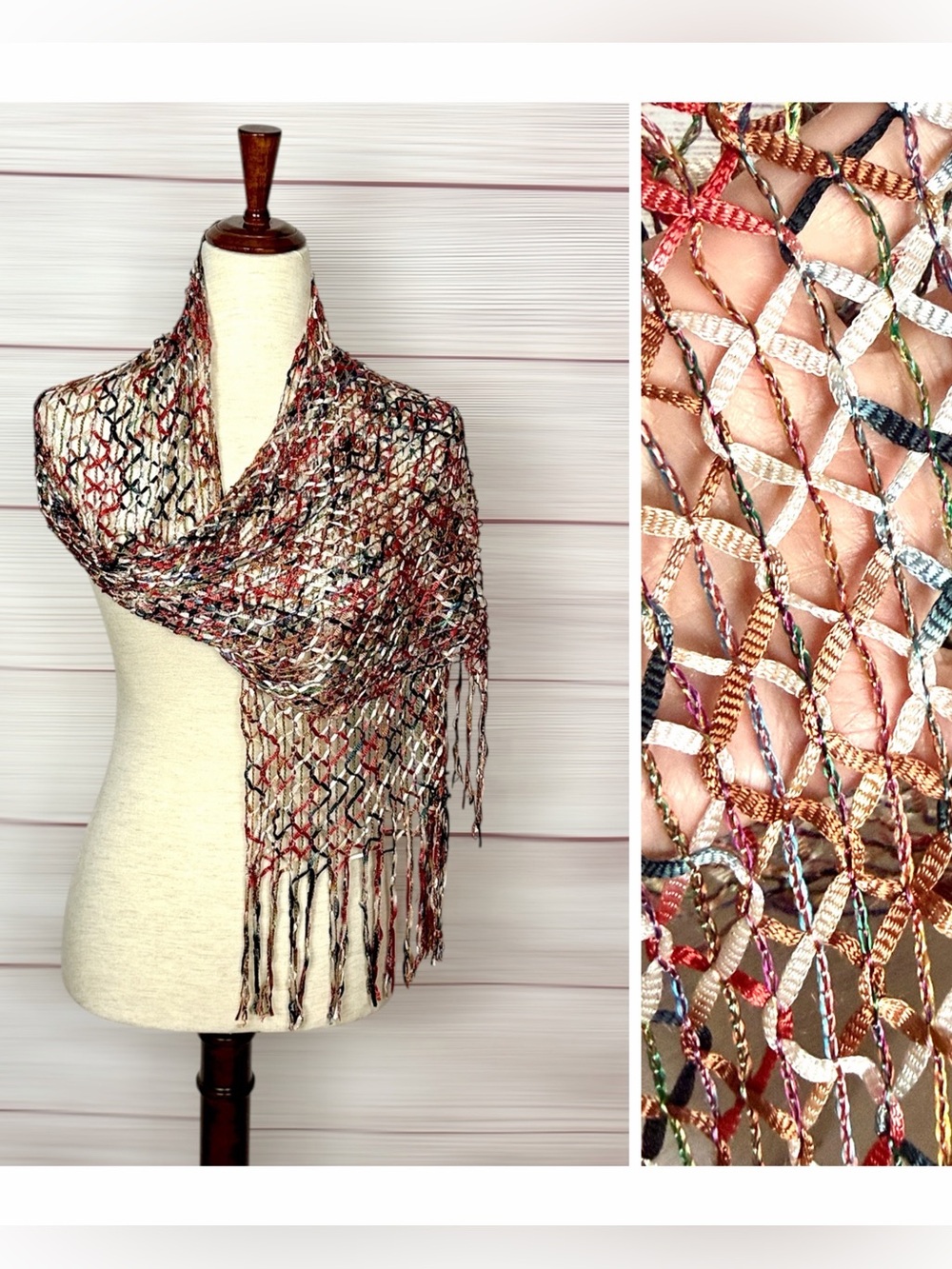 Saldarini Italy Ribbon Yarn Net Scarf Multicolor Open Weave Mesh Lightweigh